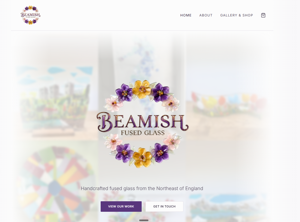 Beamish Fused Glass homepage with its floral glass logo and gallery and shop navigation