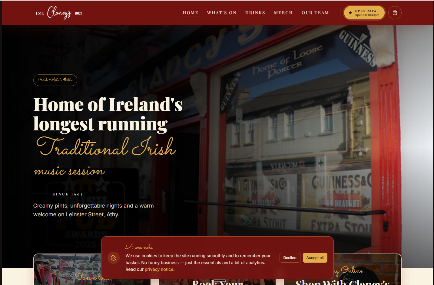 Clancy’s Athy homepage with burgundy and gold styling and a photograph of the pub frontage
