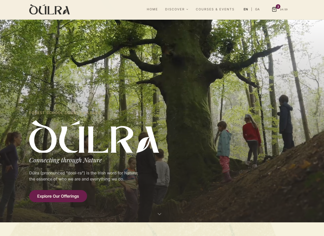 Dúlra Cill Dara homepage with woodland imagery, forest school activities and courses and events navigation