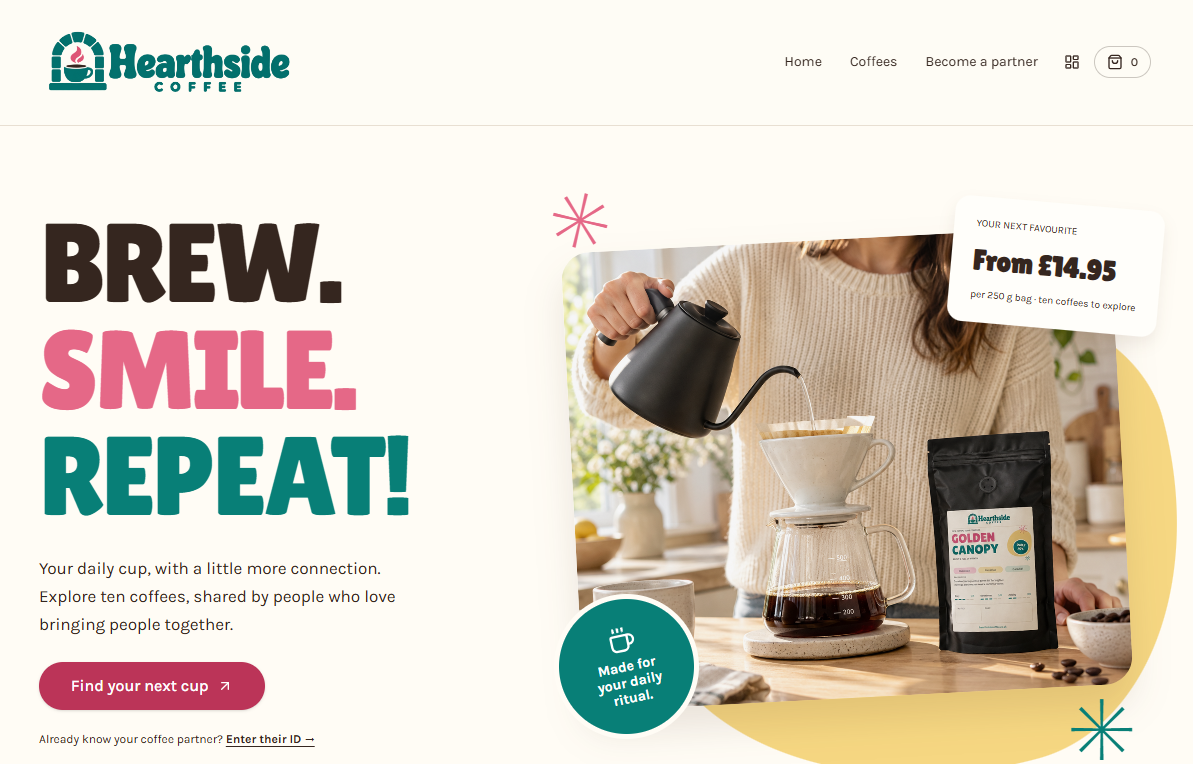 Hearthside Coffee homepage with Brew. Smile. Repeat! lettering and a pour-over coffee photograph
