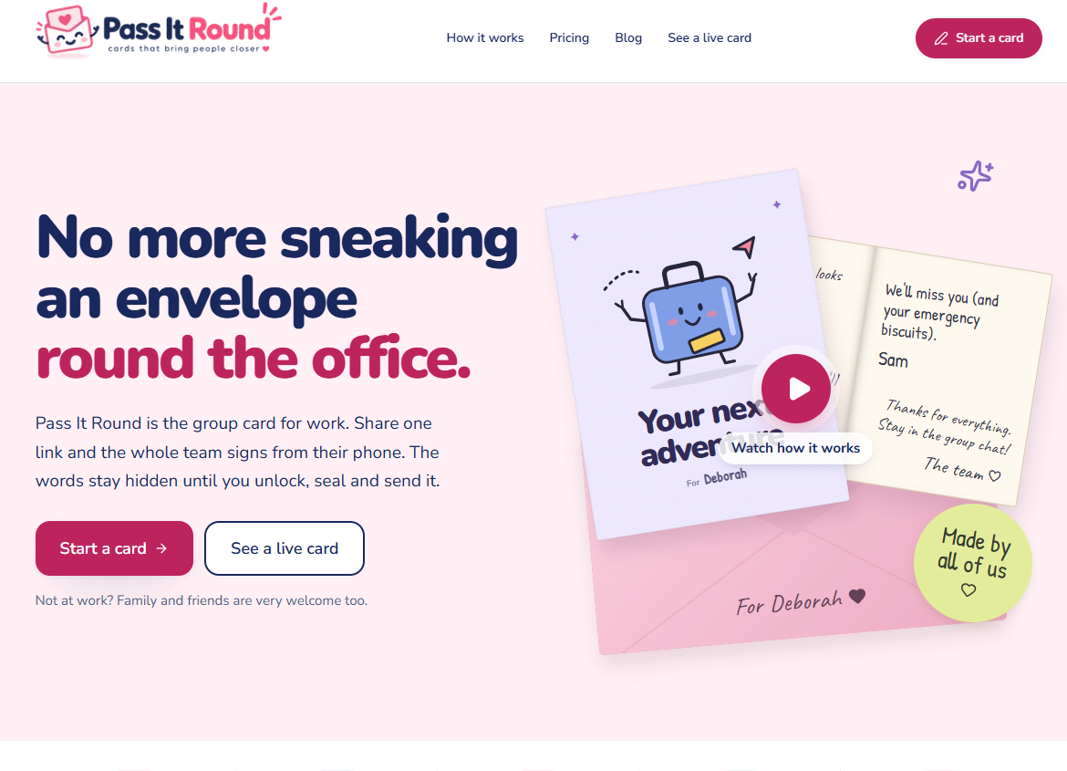Pass It Round homepage with pink and navy styling and illustrated group greeting cards